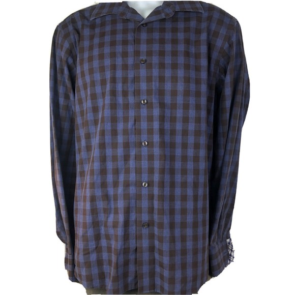 Egara Mens Large Button Up Non Iron Slim Fit Shirt Blue & Black Check Cotton LS - Picture 1 of 4